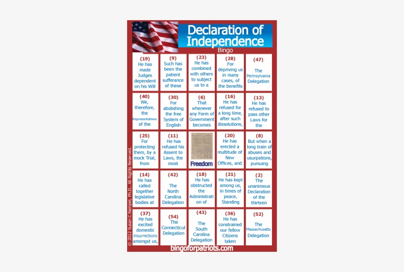 Declaration Of Independence Bingo - Patriotic Flag Thanks Card, transparent png