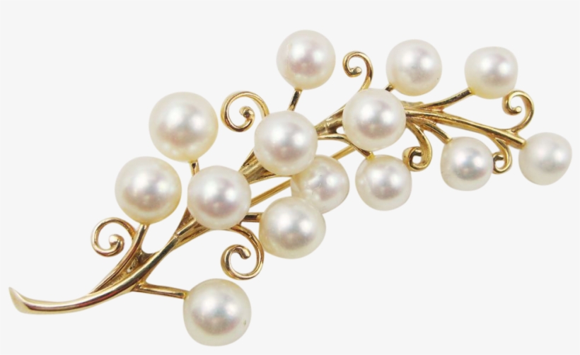 Pearl Brooch Png - Mikimoto 14k Yellow Gold Akoya Pearl Flower Sprig Branch, transparent png