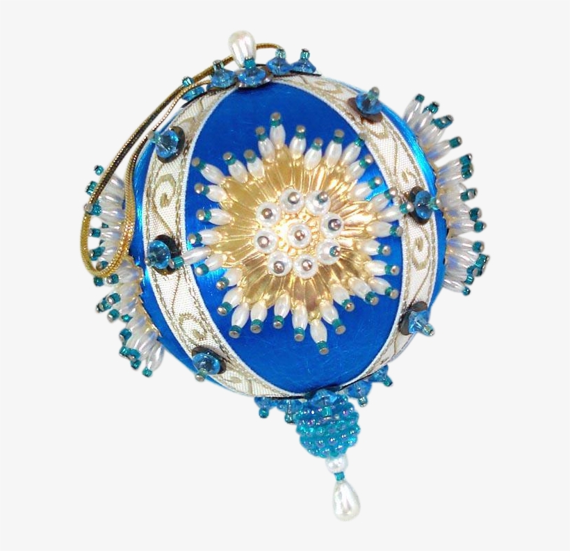 Blue White Gold Pin Beaded Sunburst Christmas Ornament, transparent png