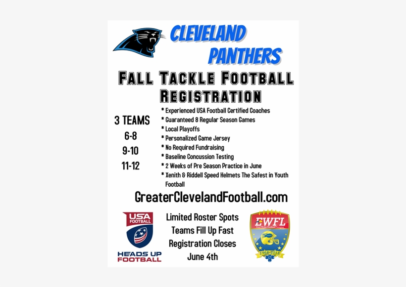 2018 Fall Tackle Football Registration - Carolina Panthers, transparent png