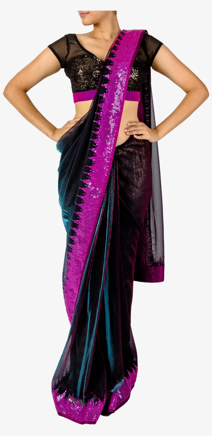 Black Blue And Pink Iridescent Saree And Blouse By - Dress, transparent png