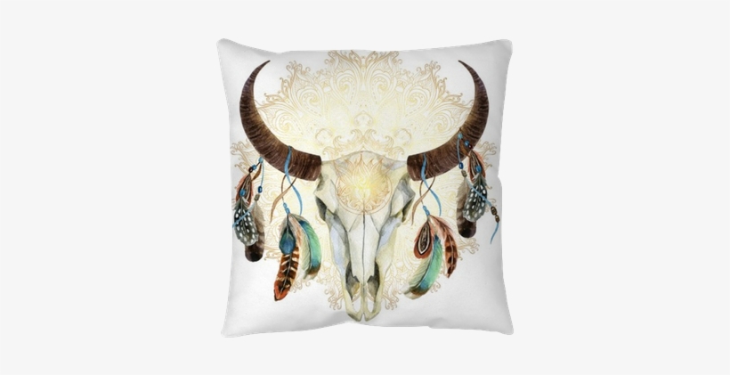 Watercolor Cow Skull With Feathers Floor Pillow • Pixers® - Steer Skull With Feathers, transparent png