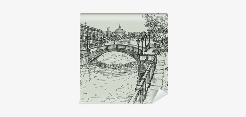 Classic Houses And The Bridge On The River Wall Mural - Dibujos A Lapiz De Paisajes De Paris, transparent png