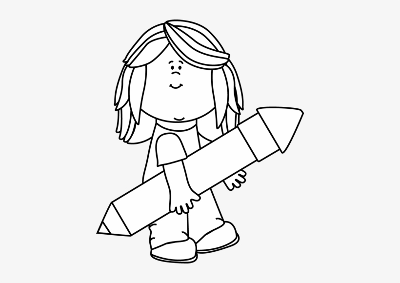 Pencil Girl Holding Big Pencil Black White Png 426x500 PNG Download