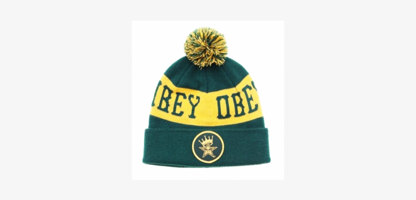 Obey Stripe Crown Badge Beanie Pow Green Yellow - Obey Crowned Pom Cap Hat Knit Beanie, transparent png