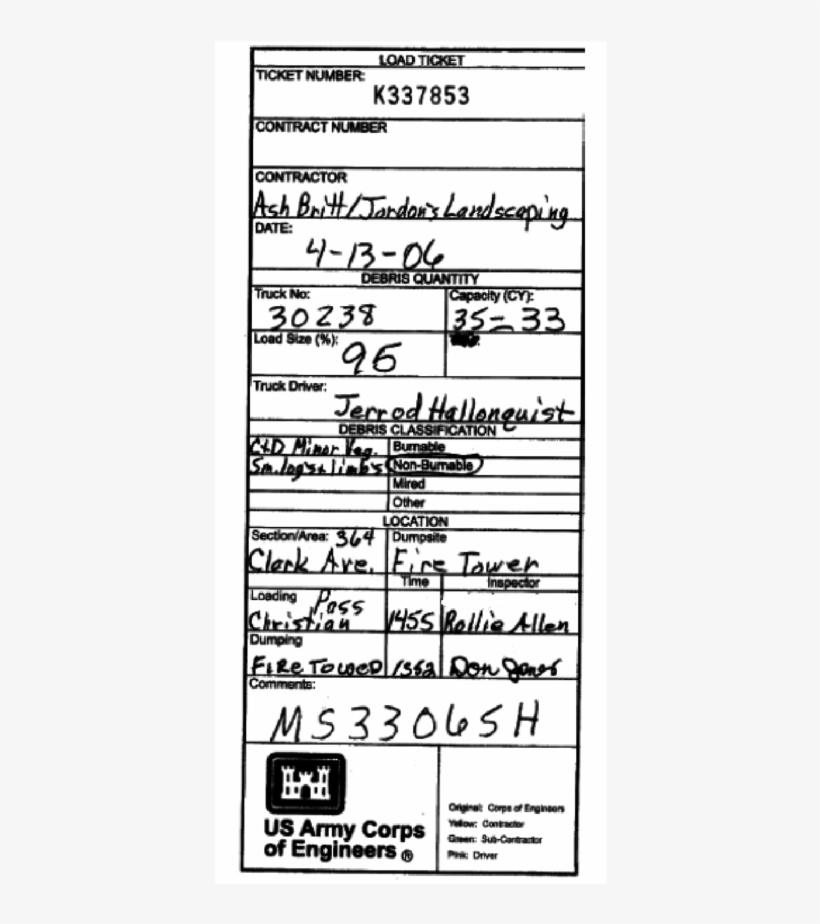Example Debris Load Ticket - United States Army Corps Of Engineers, transparent png