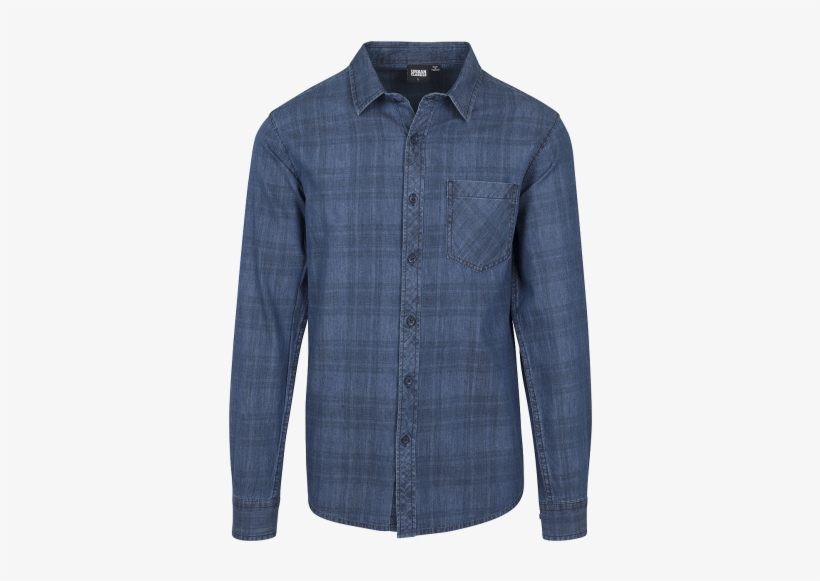 Printed Check Denim Shirt Men Longsleeve Blue 100% - Shirt, transparent png