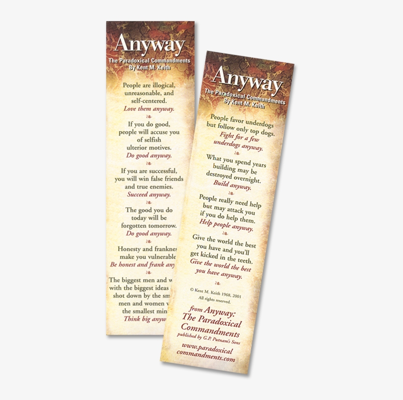 Anyway Bookmark - Anyway: The Paradoxical Commandments, transparent png
