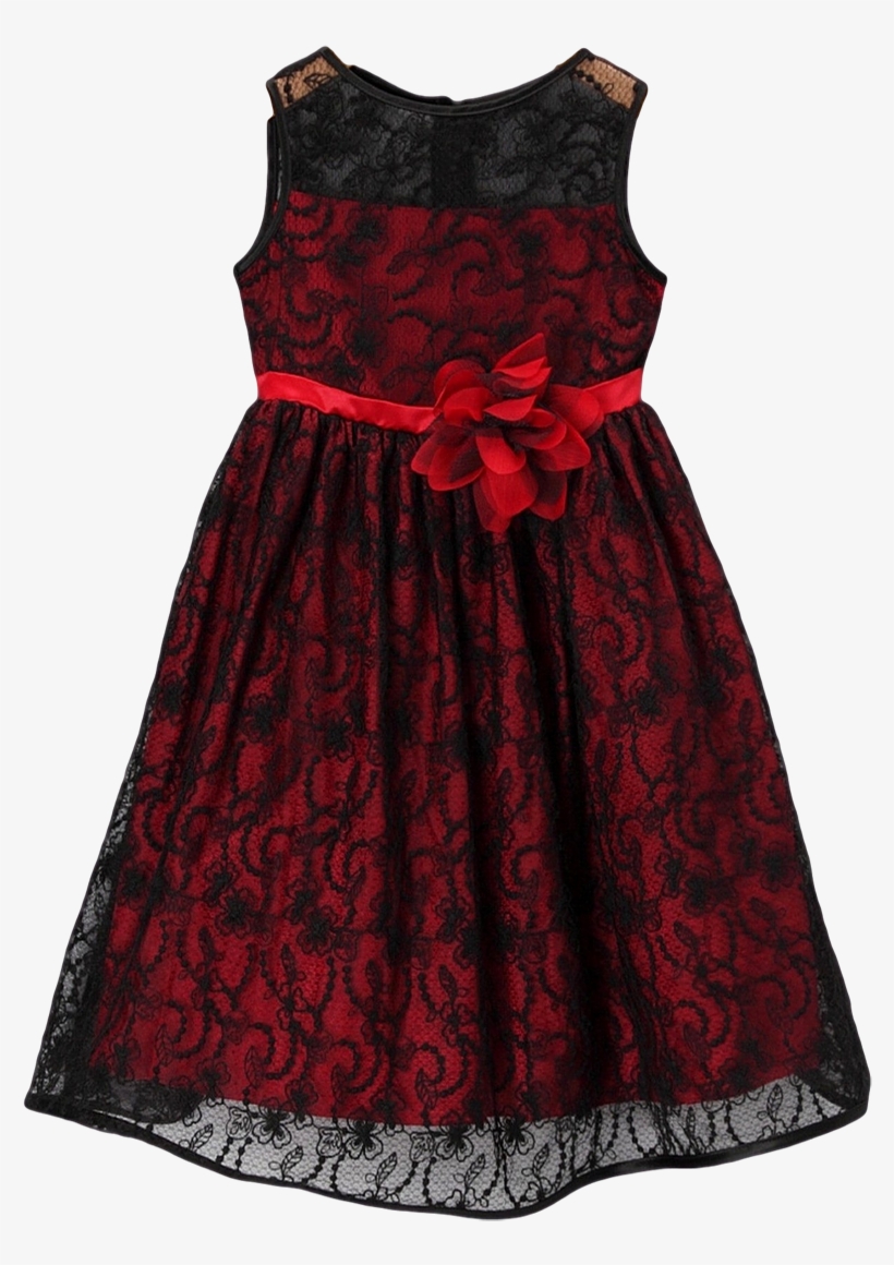 Red Satin With Black Floral Lace Overlay Occasion Dress, transparent png