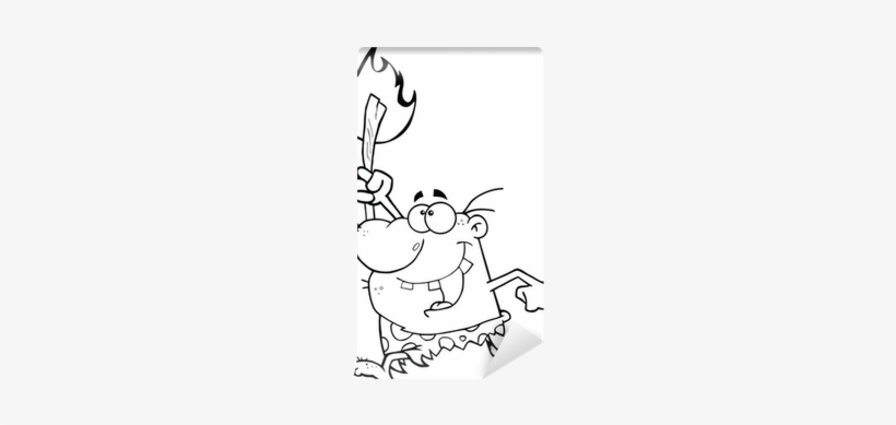 Black And White Happy Caveman Running With A Torch - Black, transparent png