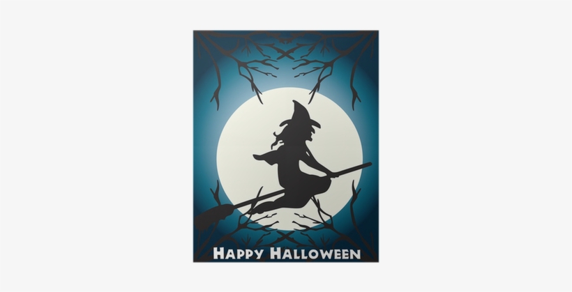 Halloween Flying Witch On A Broom Scene Poster • Pixers® - Halloween, transparent png
