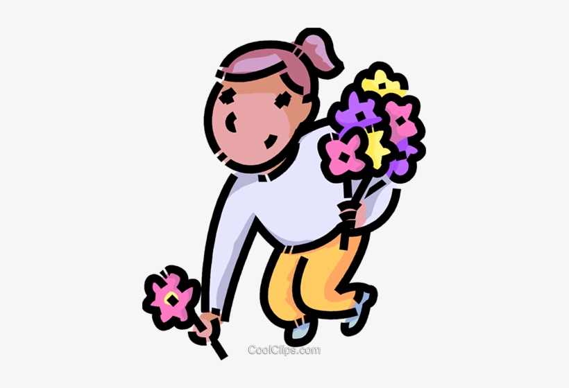 Girl Picking Flowers Royalty Free Vector Clip Art Illustration - Blumen Pflücken Clipart, transparent png