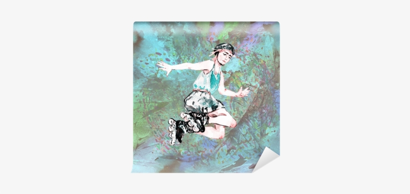 Boy In Roller Skates And Helmet Jumping, Hand Painted - Watercolor Painting, transparent png