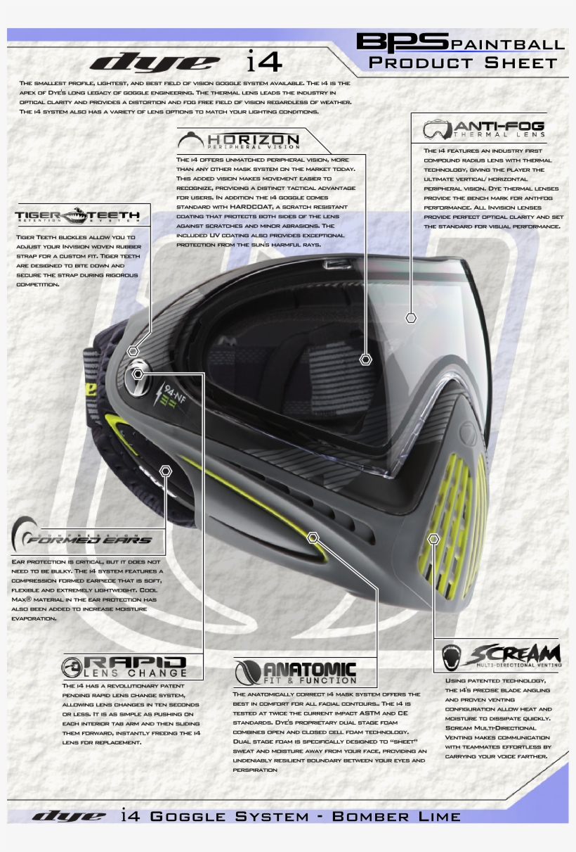 Dye I4 Paintball Goggle Mask Product Sheet - 2014 Dye Invision Goggle I4 Pro Mask - Bomber Lime, transparent png