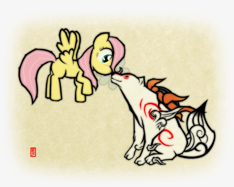 Crossover, Eye Contact, Female, Filly, Fluttershy, - Ōkami, transparent png