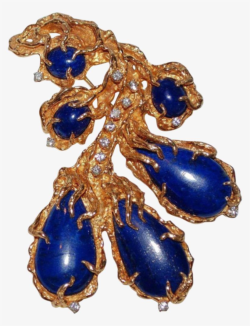 Large 14k Gold Diamond Lapis Lazuli Brooch Vintage - Transparent Vintage Brooch, transparent png
