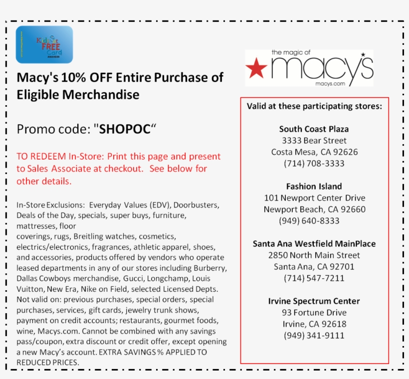 Print Macy's 10% Shopoc Offer - Macy's, transparent png