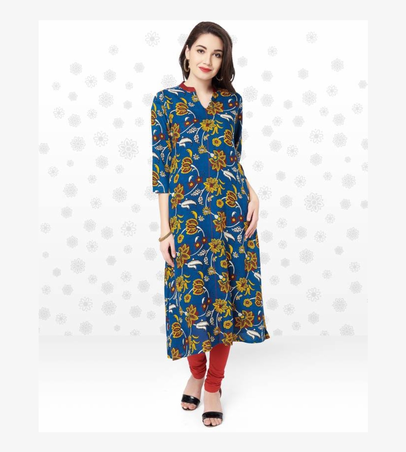 Anmi Women's Floral Print A-line Kurta - Blue, transparent png