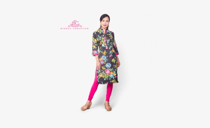 Black Chikan Floral Printed Kurti With Pure Cotton - Kurta, transparent png
