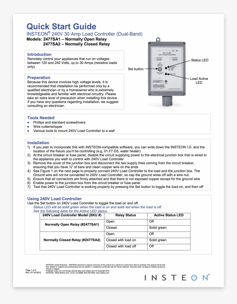 Qsg-english - Insteon Dual Band 220v 30a Load Controller Normally, transparent png