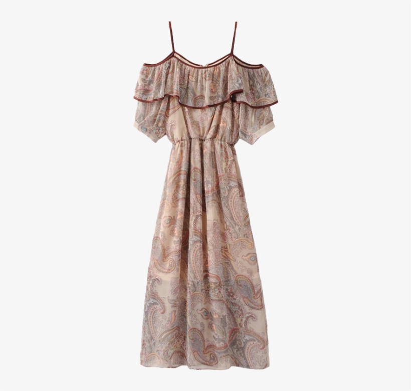 Women Bohemian Frilly Cold Shoulder Chiffon Dress Beige - Dress, transparent png