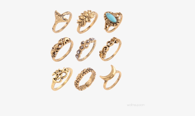 Trendy Artificial Turquoise Moon Elephant Alloy Ring - Rotita Turquoise Decorated Gold Metal Ring Set, transparent png