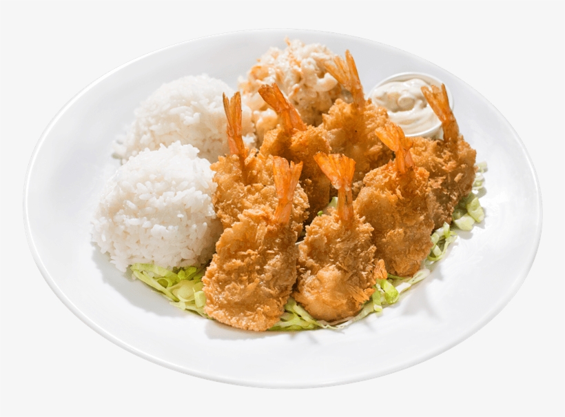 Fried Shrimp With Two Scoops Of Rice, Mac Salad, And - Shrimp, transparent png
