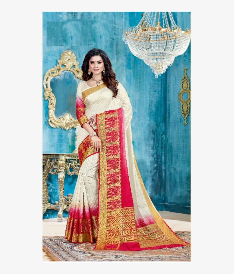 Shaded Off White And Tomato Red Designer Silk Saree - Off White And Pink Saree, transparent png