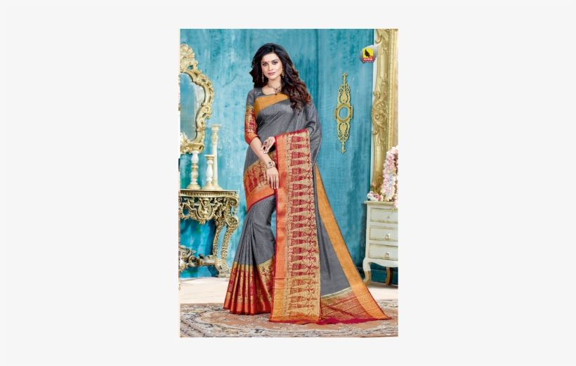 Grey And Red Silk Saree - Sari, transparent png