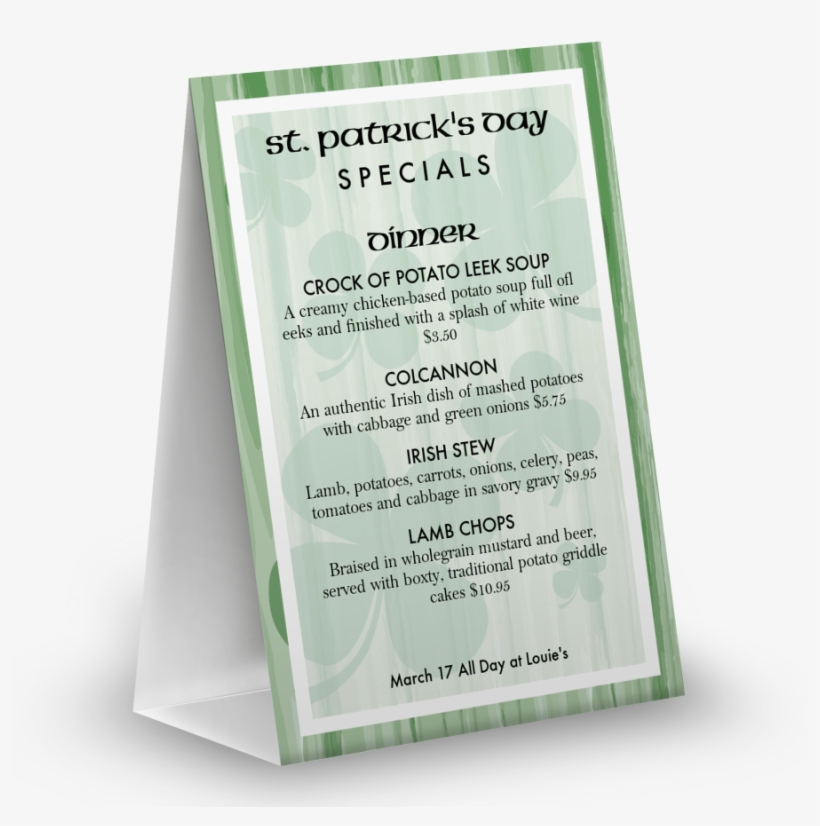 St Pattys Specials Table Tent - Menu, transparent png