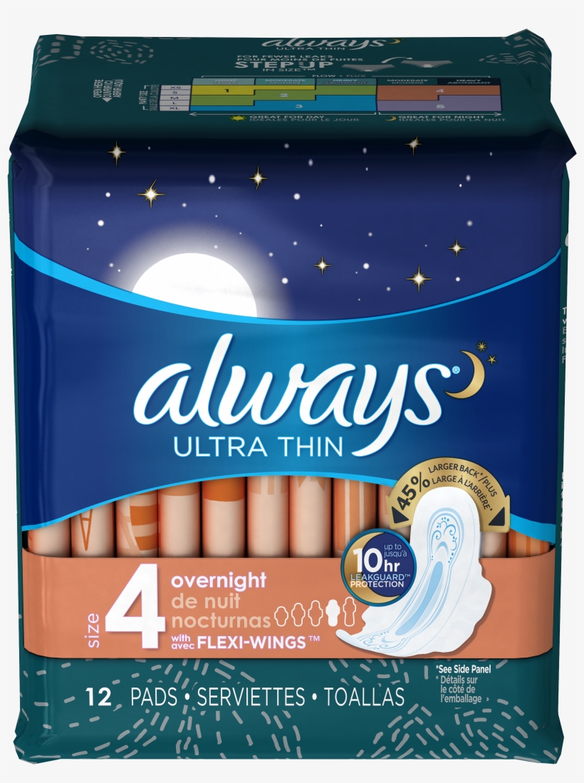 Always Ultra Thin Size 4 Overnight Pads With Wings,, transparent png