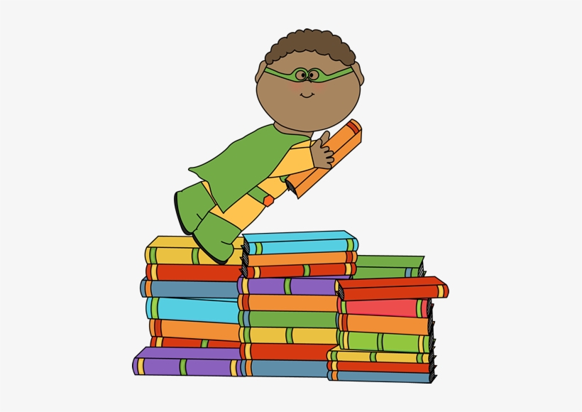 Boy Superhero Flying Over Books Clip Art - Superhero Book Clip Art, transparent png