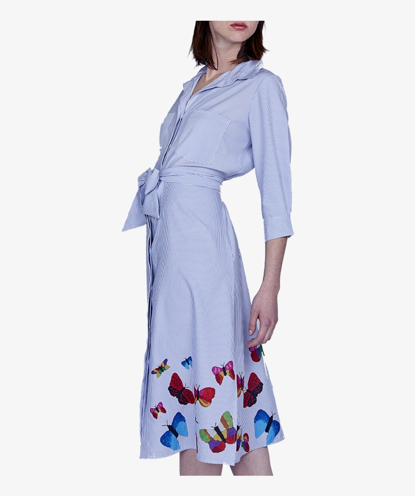 Pinstripes Butterfly Bottomup Belted Dress - Dress, transparent png