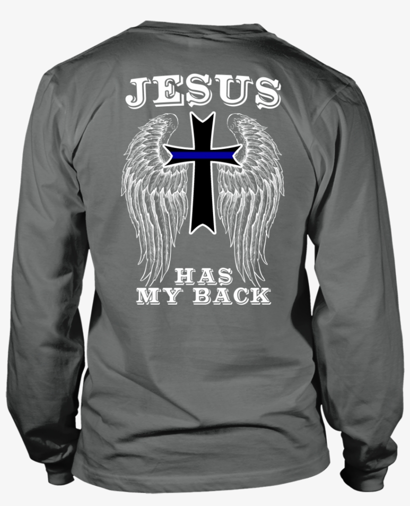 Police Thin Blue Line Cross Jesus Guardian Angel Shirt - Comfort Colors Longsleeve Back, transparent png