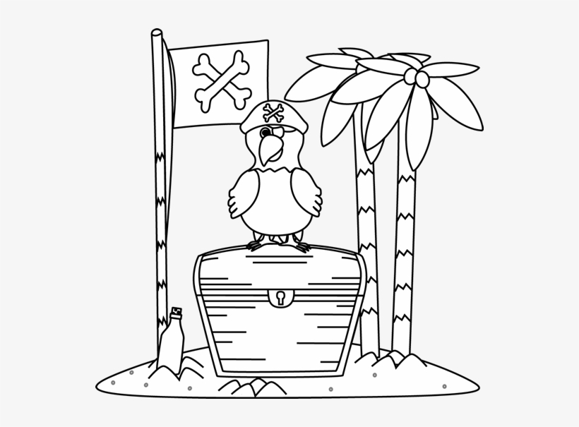 Black And White Pirate Parrot And Flag On An Island - Illustration, transparent png