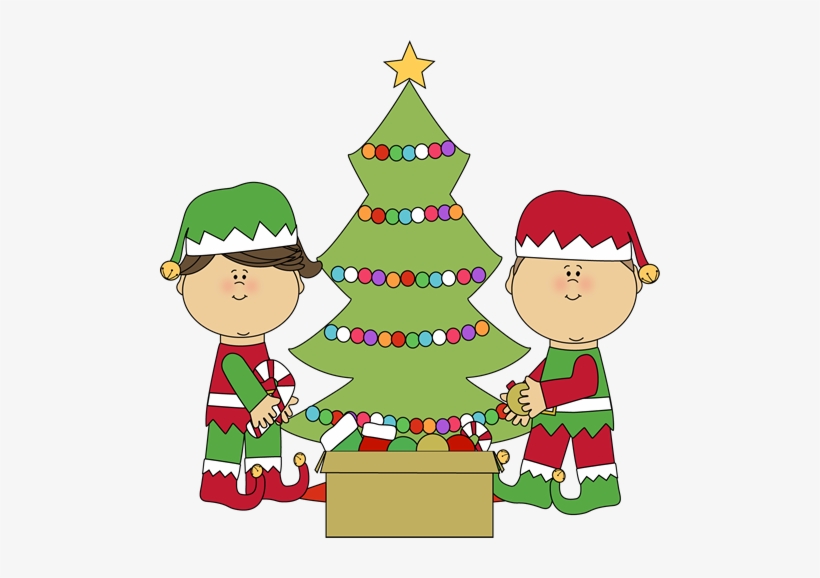 Christmas Tree Decoration Clipart - Elves Decorating Christmas Tree, transparent png