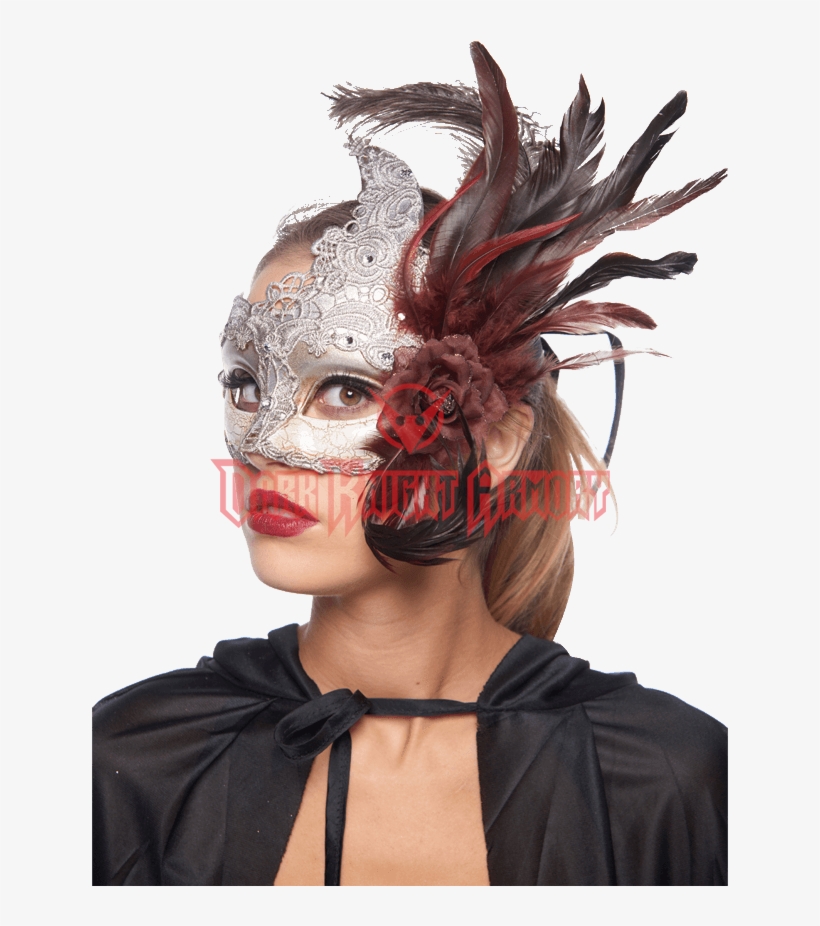 Feathered Silver Lace Masquerade Mask - Mask, transparent png