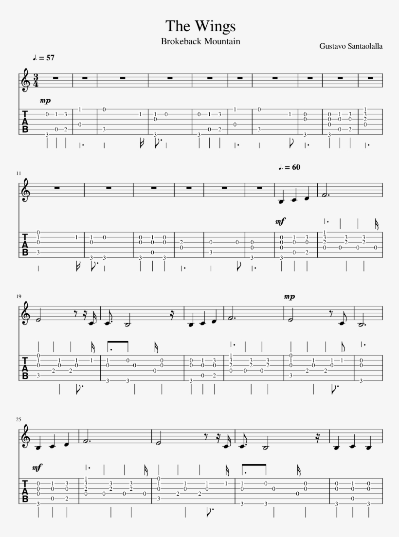 The Wings Sheet Music Composed By Gustavo Santaolalla - Wings Brokeback Mountain Guitar, transparent png