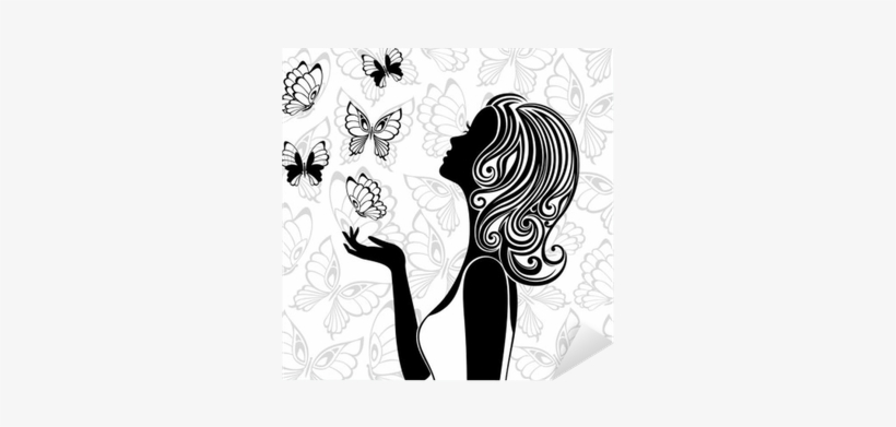 Silhouette Of Young Woman With Flying Butterflies Sticker - Overstock.com Woman With Autumn Leaves Beauty Salon, transparent png