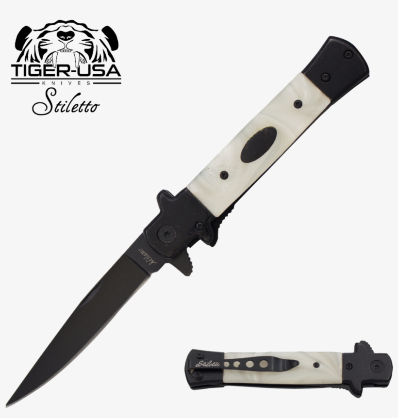 9" Tiger Pearl Italian Milano Stiletto Tactical Assisted - Spring Assisted Knife, transparent png