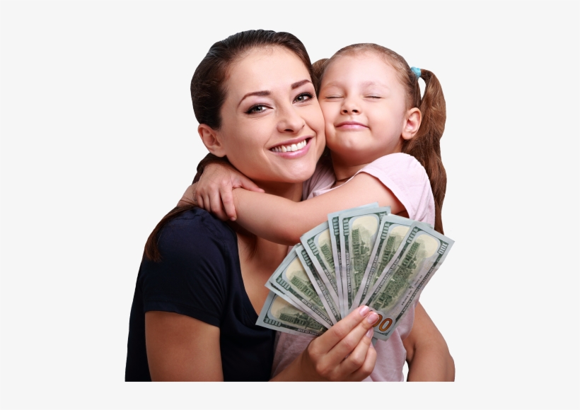 Mom And Daughter Smiling With Title Pawn Cash In Hand - Happy Mom With Money, transparent png