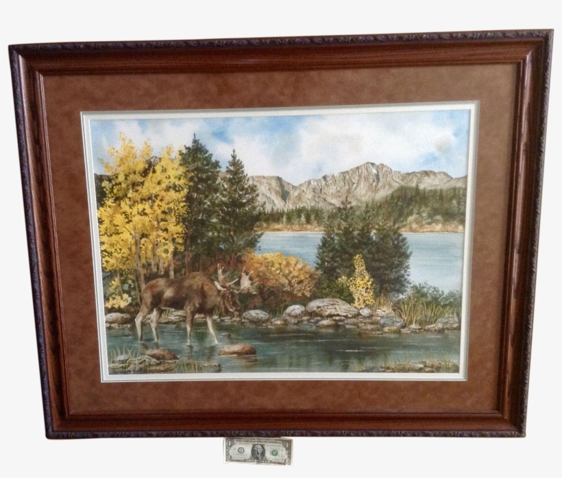 P J Simpson, Moose Standing In Water Mountain Landscape - Watercolor Painting, transparent png