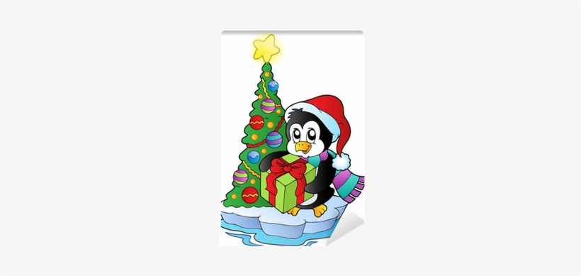 Cartoon Penguin With Christmas Tree Wall Mural • Pixers® - Cartoon Christmas Scene, transparent png
