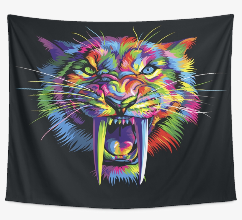 Rainbow Sabertooth Tiger Tapestry - Sabertooth, transparent png