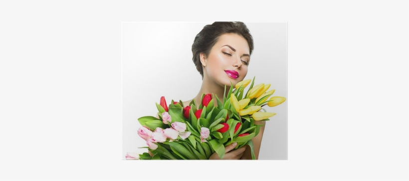 Póster Mujer Modelo De La Belleza Con Flores De Tulipán - Bouquet, transparent png