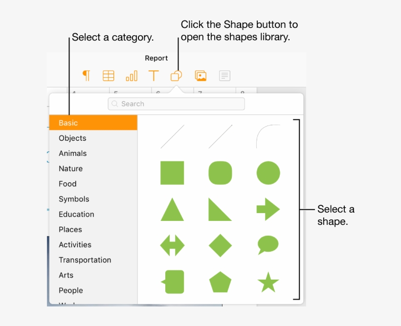 The Shapes Library Is Open Below The Shape Button In - Shapes Library Pages, transparent png