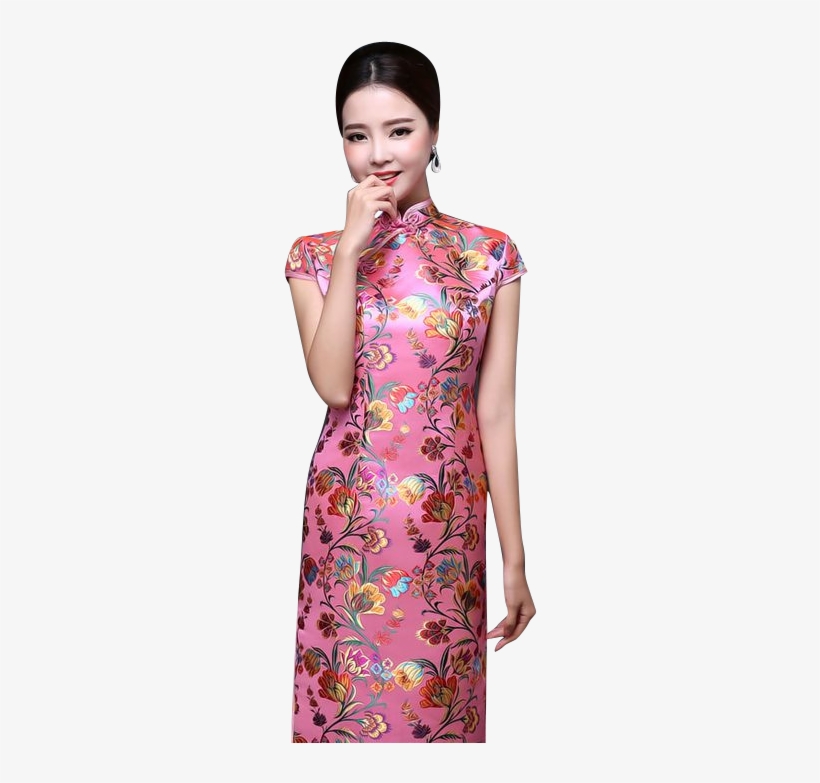 Qh-16190 Floral Brocade Cap Sleeve Mandarin Collar - Dress, transparent png