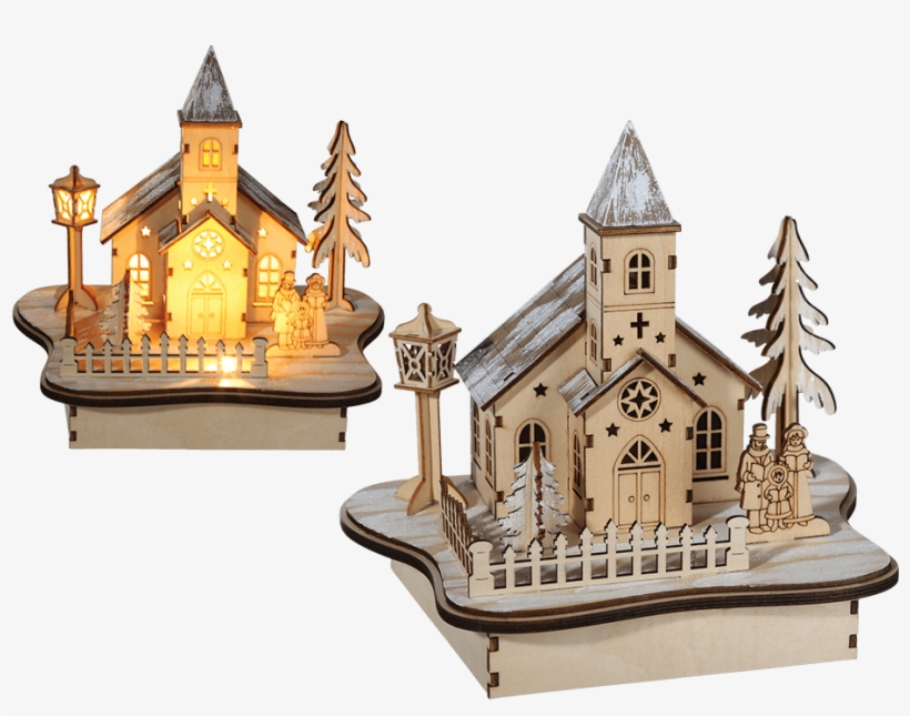 Wooden Natural Winter Landscape With 5 Warmwhite Led - Houten Decoratie Met Leds Kerk, transparent png