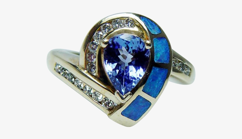 Vintage Tanzanite Opal Inlay Diamond Ring 14k Gold, transparent png