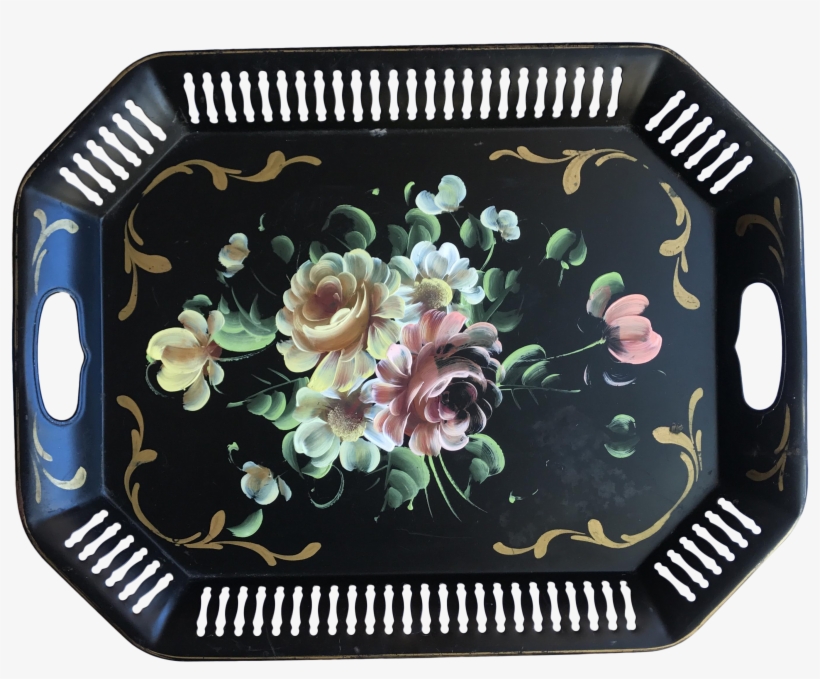Pierced Black Floral Tole Tray - Porcelain, transparent png